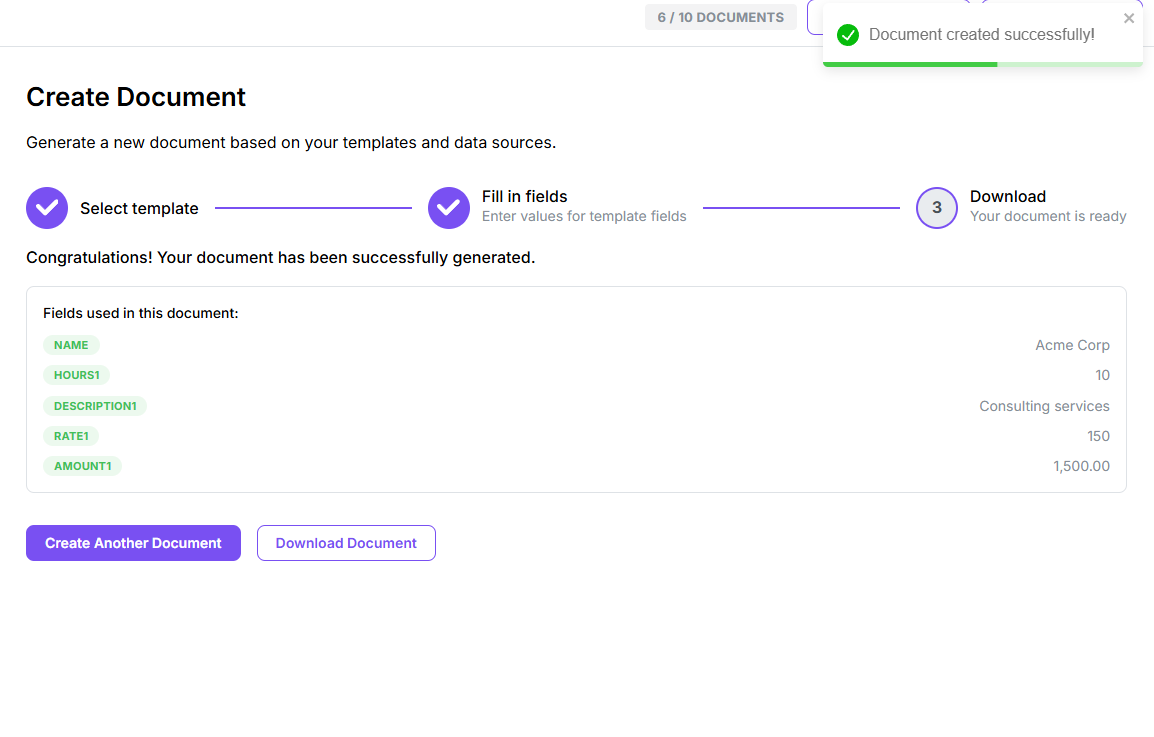 Document generated successfully, ready to download