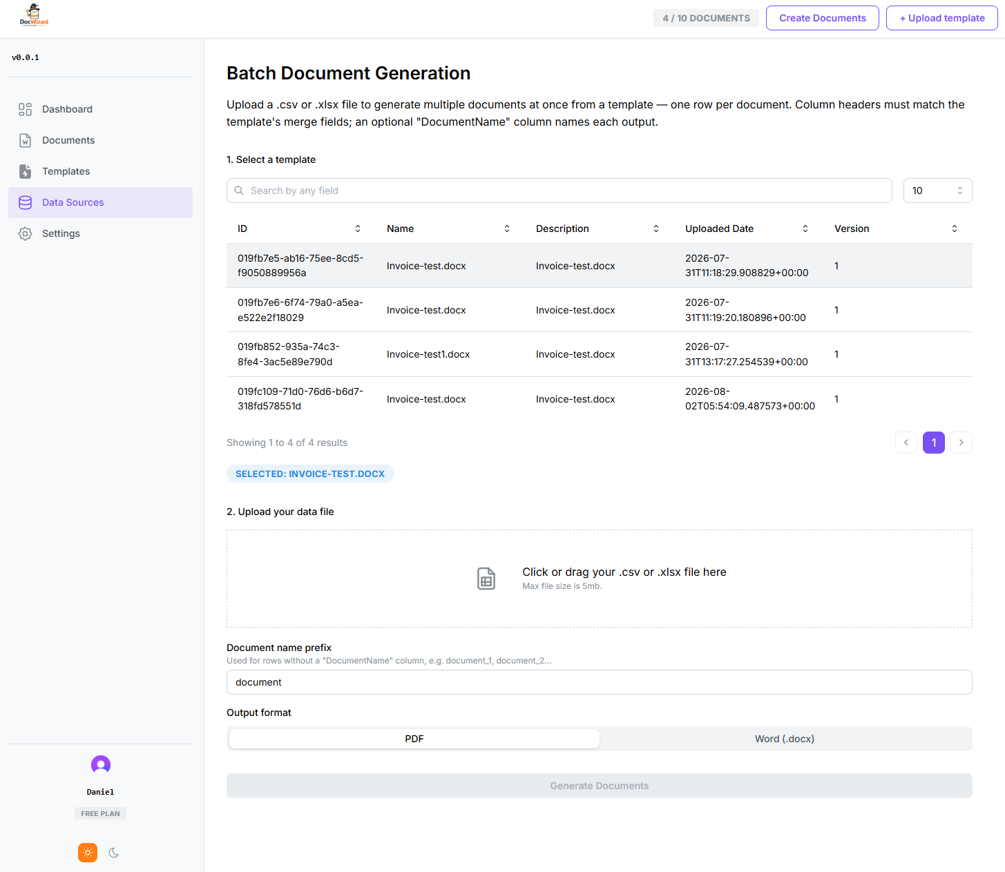 Data Sources page with a template selected